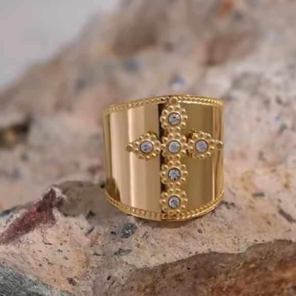 Gold Cross Ring Stainless Steel Adjustable Punk Tribal Boho - Picture 3 of 8